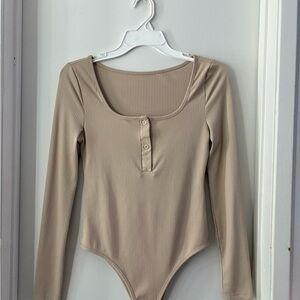 Beige Ribbed Long Sleeve Bodysuit